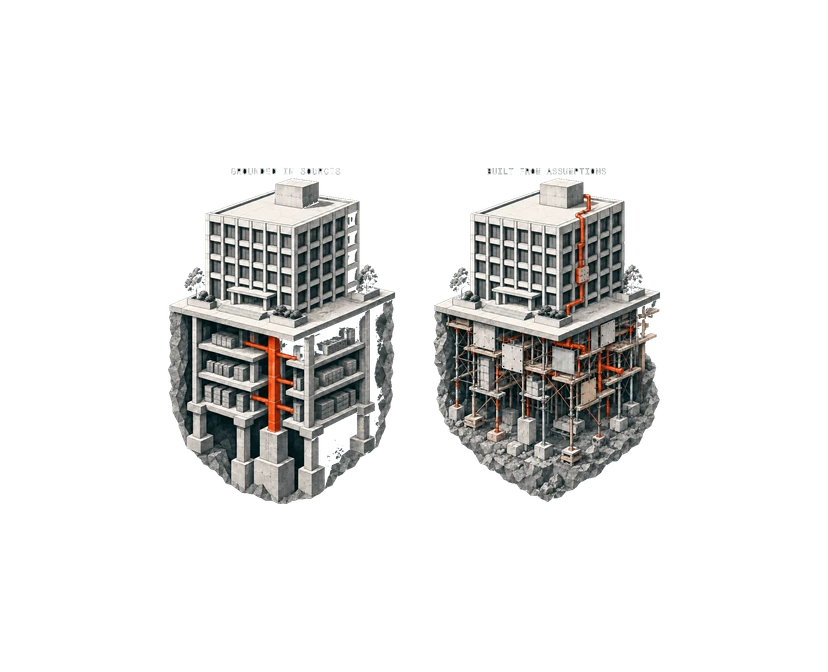two cutaway buildings side by side, grounded in sources standing on a single clean pillar and built from assumptions standing on tangled scaffolding