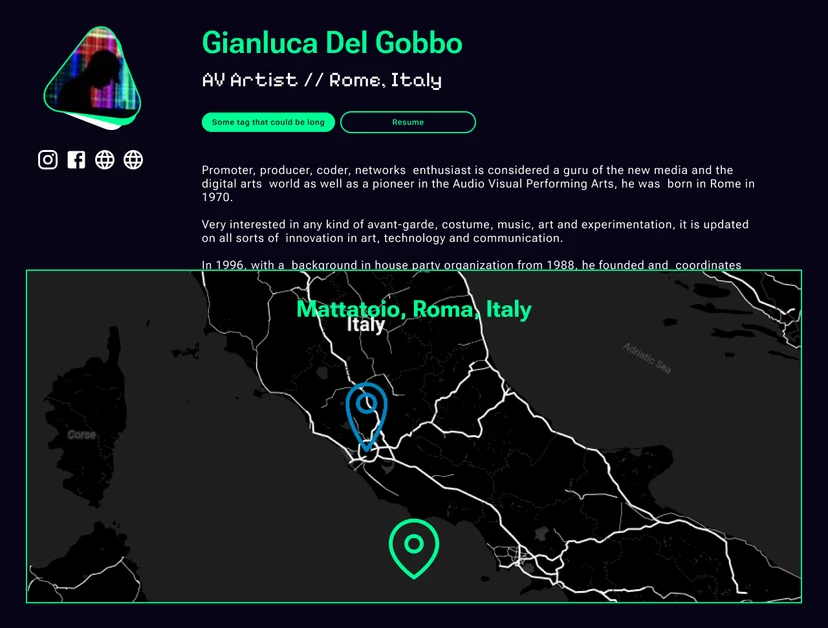 AVNode performer page: portrait in the triangle mask, name, bio and the venue map