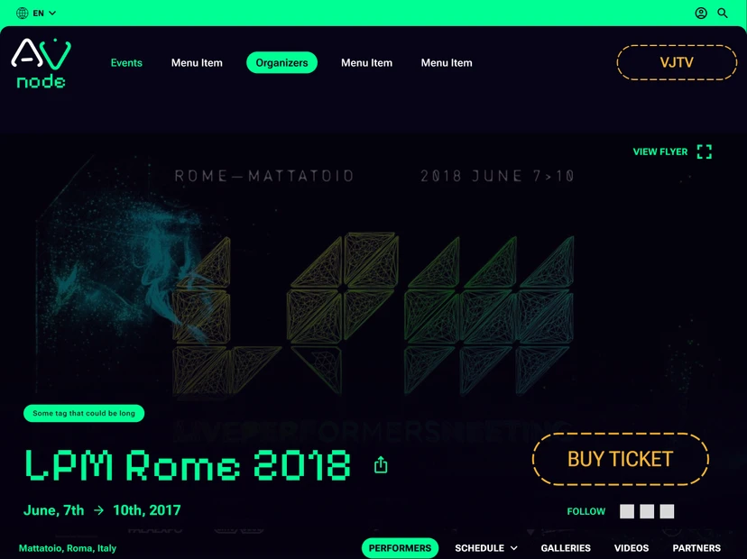 AVNode event page for LPM Rome 2018: the edition flyer as hero, Buy ticket button and section tabs