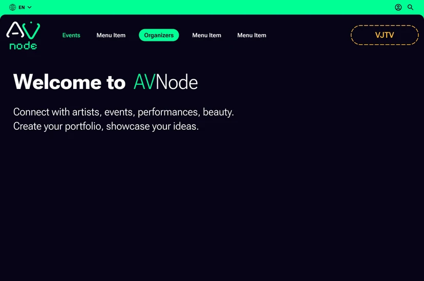 AVNode homepage: Welcome to AVNode, with the emerald header bar and the navigation