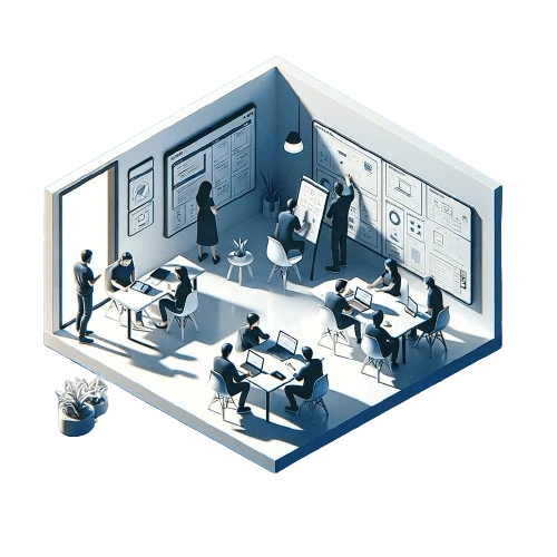 Team collaborating in an isometric design studio
