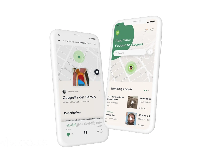 Loquis travel podcasting app on two smartphones
